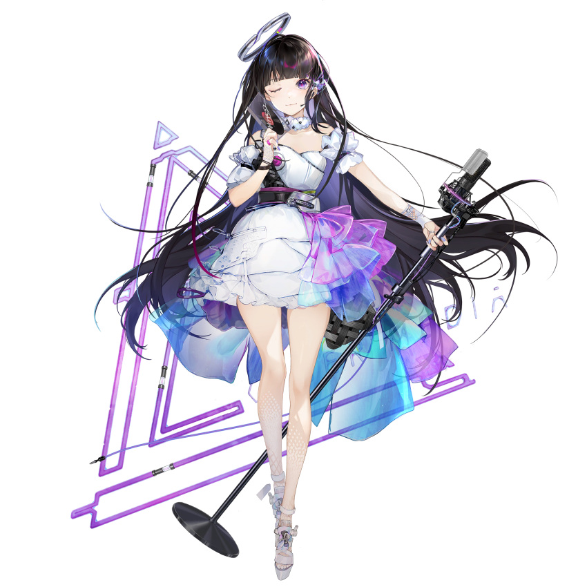 1girl, bare_shoulders, brown_hair, dress, earpiece, frilled_dress, frills, full_body