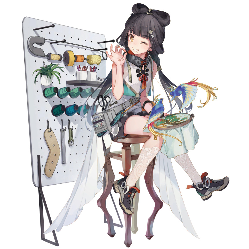 1girl, bangs, black_hair, blunt_bangs, dress, embroidery_hoop, eyebrows_visible_through_hair, full_body
