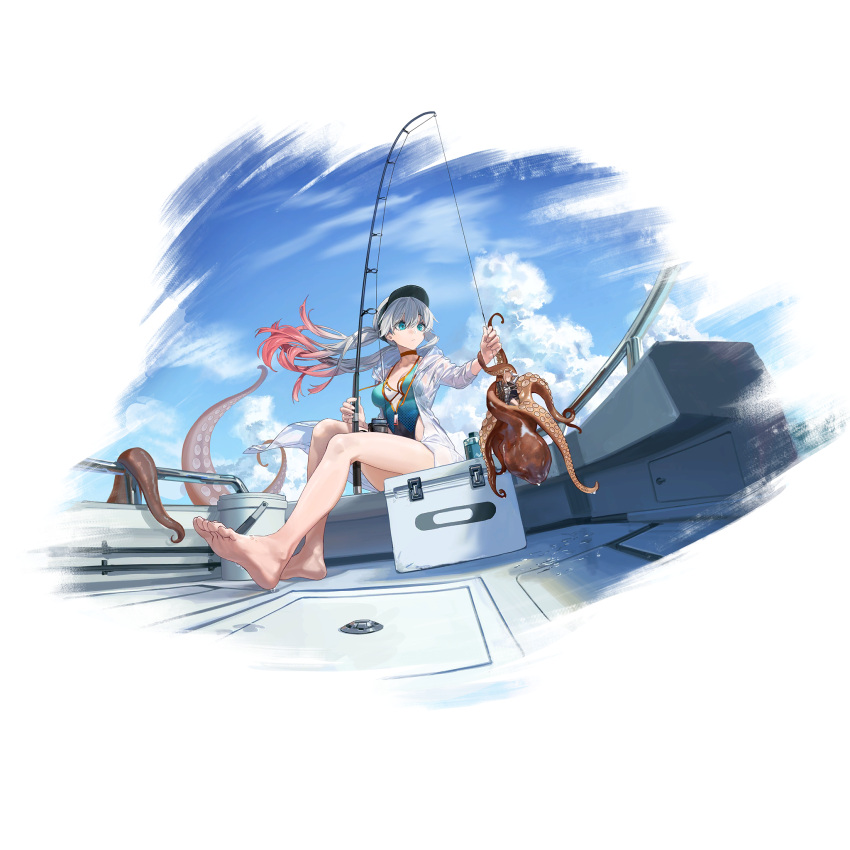 1girl, barefoot, blue_eyes, blue_swimsuit, boat, breasts, bucket, character_doll