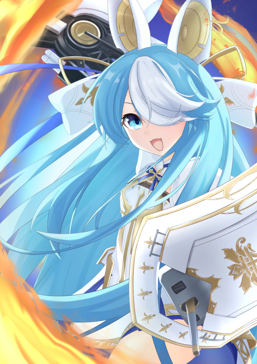 1girl, animal_ears, azur_lane, blue_eyes, blue_hair, fake_animal_ears, fire, highres