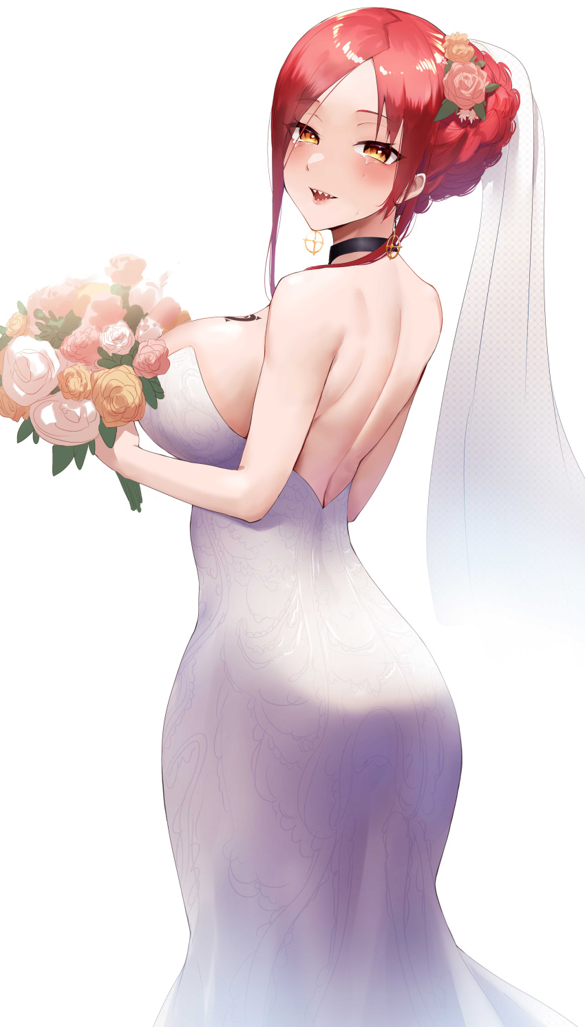1girl, absurdres, action_taimanin, ass, astaroth_(taimanin), backless_dress, backless_outfit, bangs, bare_shoulders, bouquet, braid, braided_bun, breasts, bridal_veil, choker, cowboy_shot, curvy, dress, ear_piercing, from_behind, gold, highres, large_breasts, long_hair, looking_at_viewer, looking_back, memero_7272, piercing, plump, redhead, sharp_teeth, shoulder_blades, sideboob, simple_background, smile, swept_bangs, taimanin_(series), tattoo, teeth, veil, wedding_dress, white_background, yellow_eyes