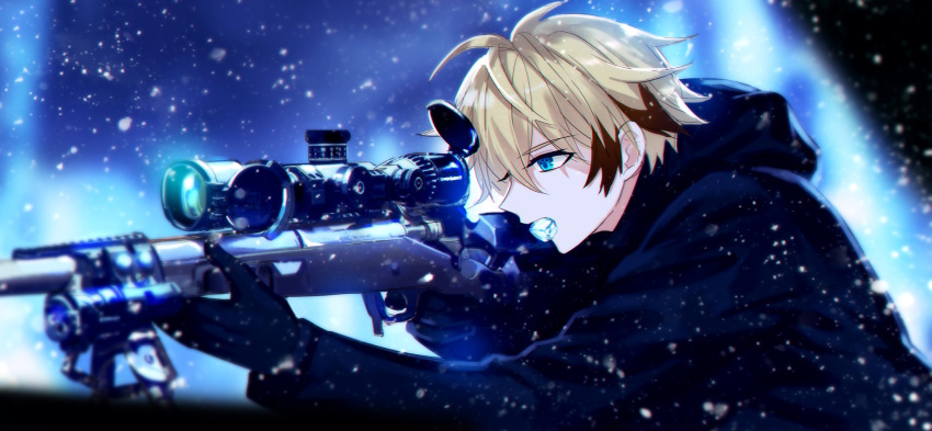 1boy, aiming, bangs, black_gloves, black_jacket, blonde_hair, blue_eyes, brown_hair