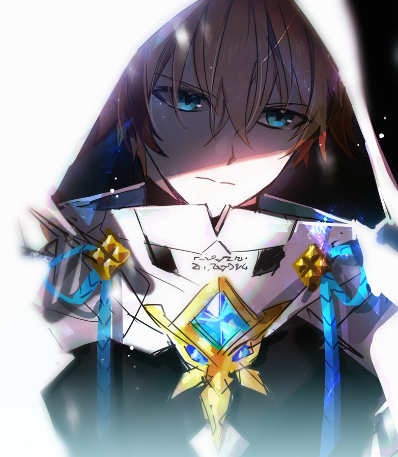 1boy, armor, bangs, black_background, blonde_hair, blue_eyes, brown_hair, chung_seiker