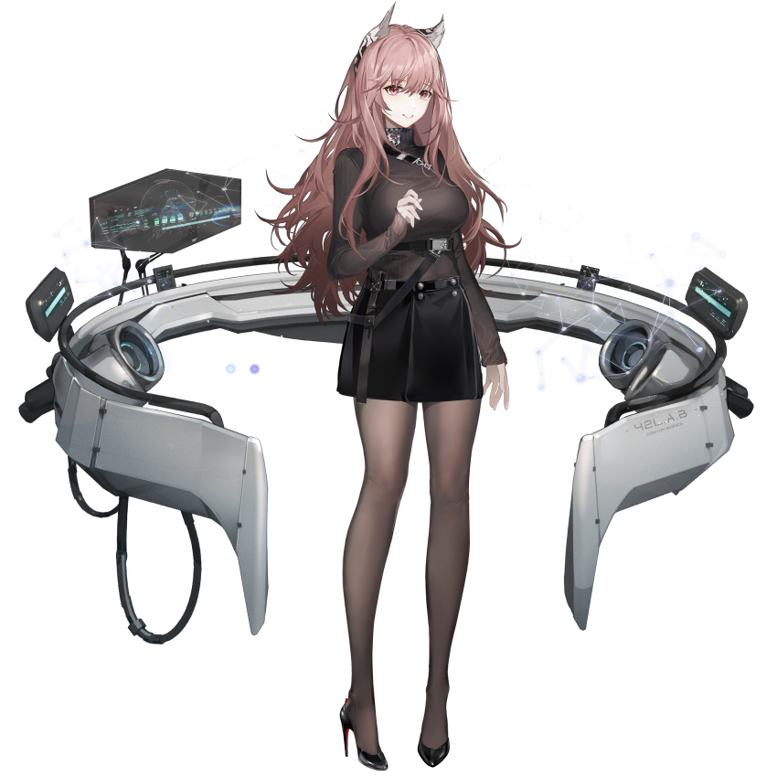 1girl, animal_ears, black_footwear, black_skirt, breasts, full_body, game_cg, girls'_frontline_neural_cloud, girls_frontline, high_heels, highres, large_breasts, long_hair, long_sleeves, looking_at_viewer, official_art, pantyhose, persicaria_(girls'_frontline_nc), pink_eyes, pink_hair, porafree, ribbed_sweater, skirt, smile, solo, sweater, transparent_background