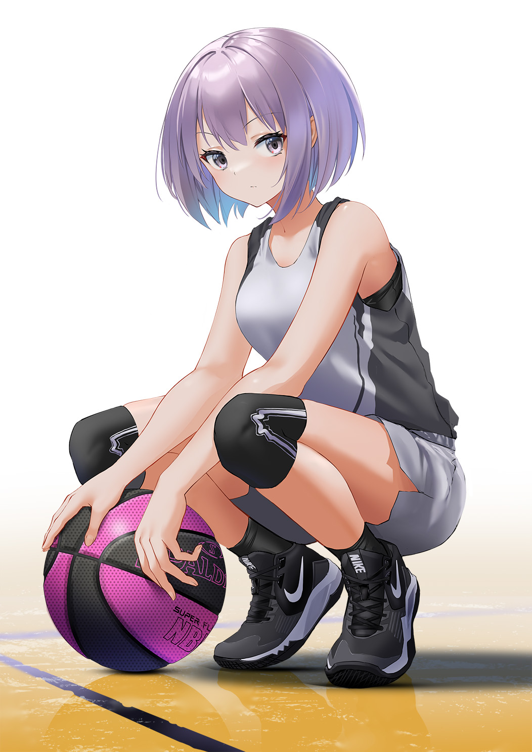 1girl, bare_shoulders, basketball, basketball_court, black_footwear, black_legwear, bra, bra_peek