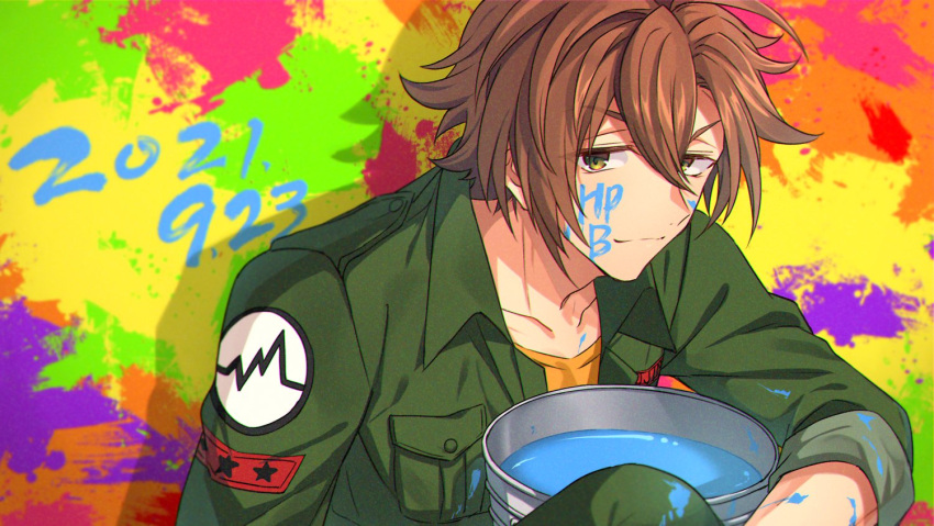 1boy, brown_hair, dated, from_argonavis, green_eyes, green_jumpsuit, happy_birthday, hayasaka_kouhei