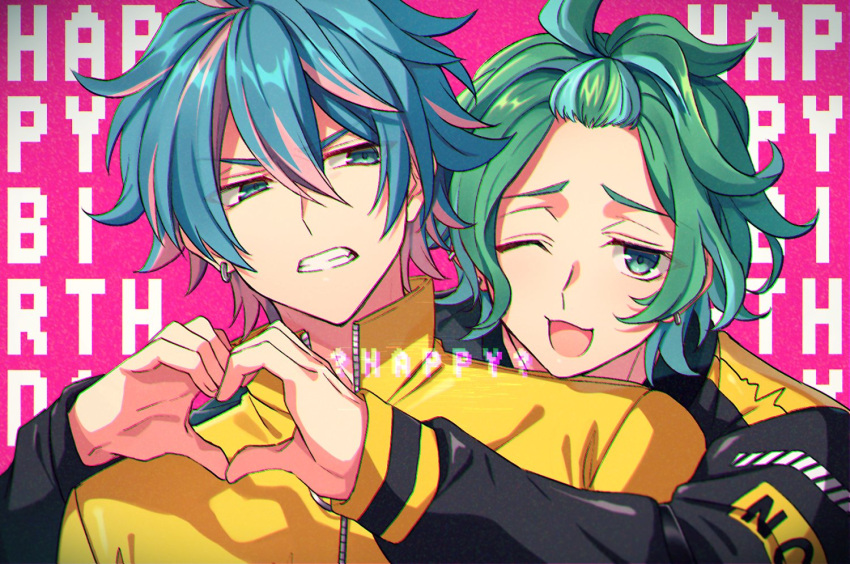 2boys, annoyed, arms_around_back, bangs_pinned_back, blue_hair, brothers, ear_piercing, english_text