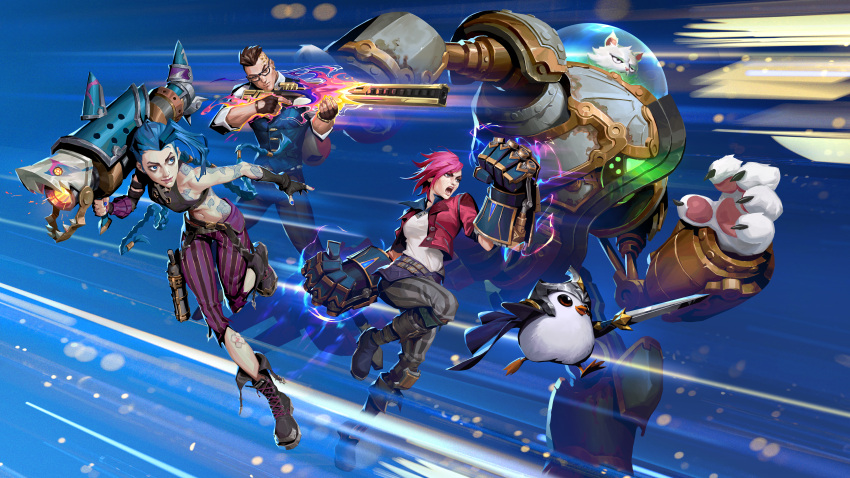 2boys, 2girls, absurdres, aiming, annoyed, arcane:_league_of_legends, arcane_jinx, arcane_vi, arm_tattoo, bangs, bare_shoulders, black-framed_eyewear, black_footwear, black_gloves, black_pants, blue_background, brown_pants, closed_mouth, cloud_tattoo, cropped_jacket, english_commentary, fingerless_gloves, frown, gauntlets, glasses, gloves, green_hair, grey_shirt, gun, highres, holding, holding_gun, holding_sword, holding_weapon, incredibly_absurdres, jacket, league_of_legends, little_legend, long_sleeves, lucian_(league_of_legends), mecha, multiple_boys, multiple_girls, navel, open_clothes, open_jacket, open_mouth, over_shoulder, pants, pink_hair, pink_pants, red_jacket, rifle, rocket_launcher, rumble_(league_of_legends), shirt, shoes, short_hair, shoulder_tattoo, smile, snatti, stomach_tattoo, striped, striped_pants, sword, tattoo, teamfight_tactics, undercut, vi_(league_of_legends), weapon, weapon_over_shoulder