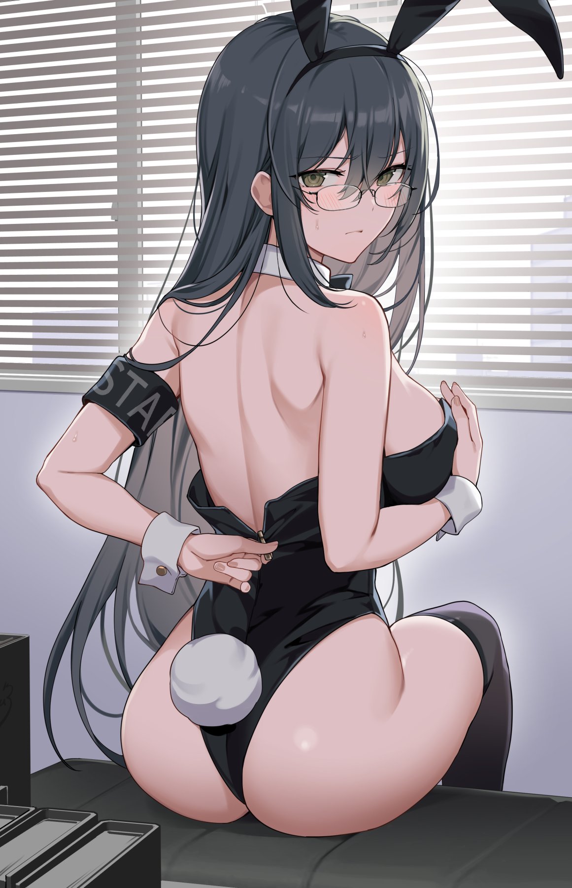 1girl, animal_ears, arm_behind_back, armband, ass, back, backless_leotard, banned_artist
