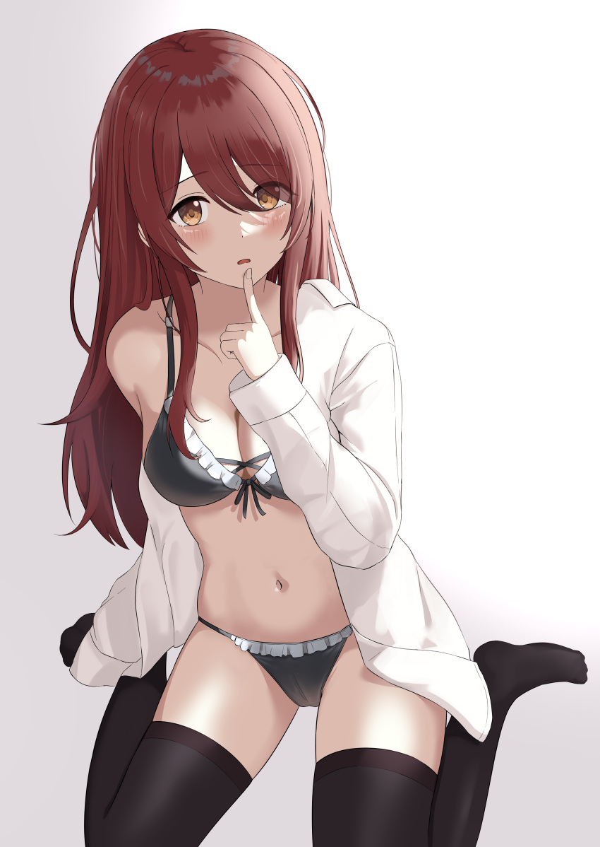 1girl, absurdres, bangs, black_bra, black_legwear, black_panties, blush, bra