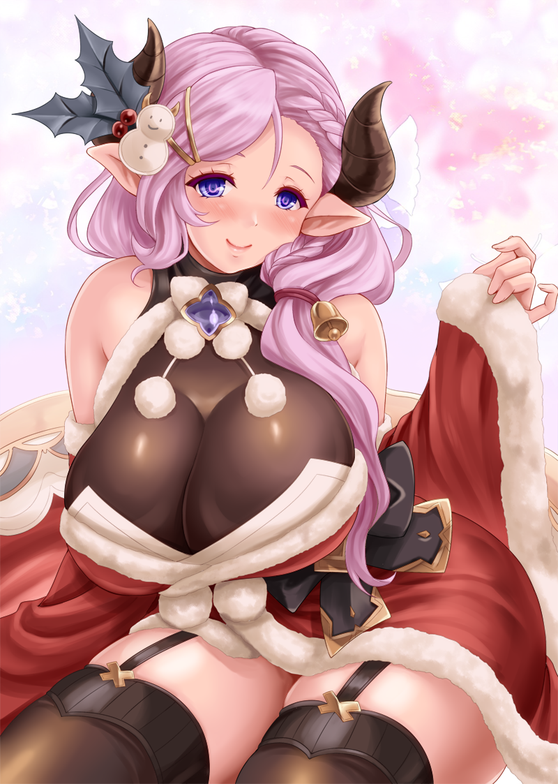 bare_shoulders, bell, blue_eyes, blush, breasts, brooch, brown_legwear, cosplay
