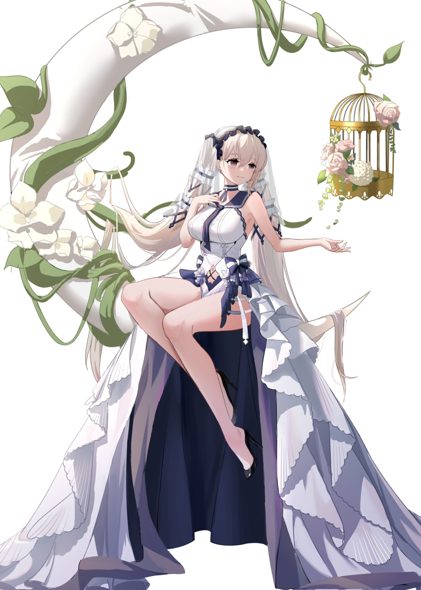 1girl, absurdly_long_hair, azur_lane, bare_shoulders, birdcage, black_choker, black_footwear, black_neckwear