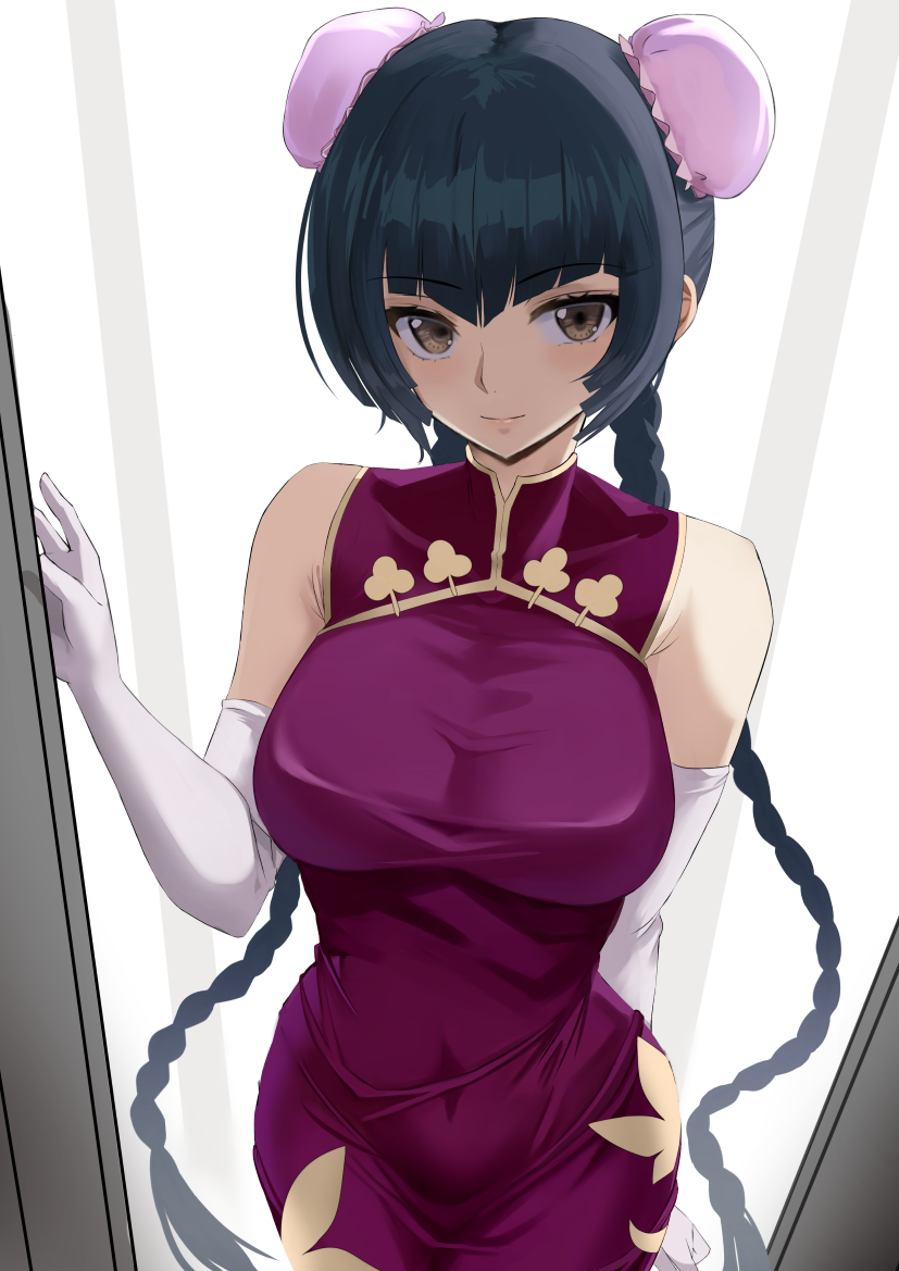 1girl, arm_behind_back, black_hair, blush, braid, breasts, brown_eyes, bun_cover