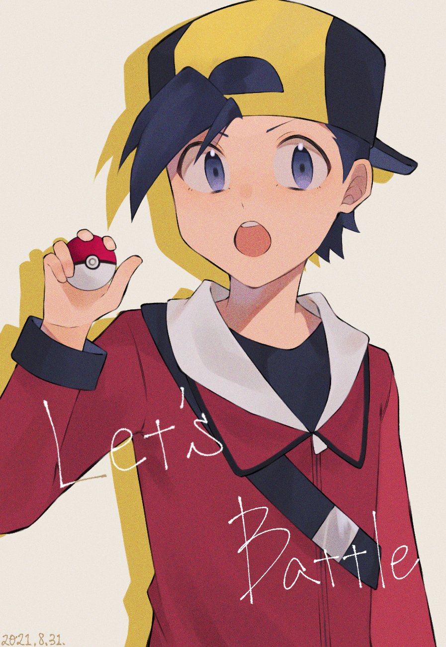 1boy, backwards_hat, bangs, baseball_cap, black_hair, black_shirt, commentary_request, dated