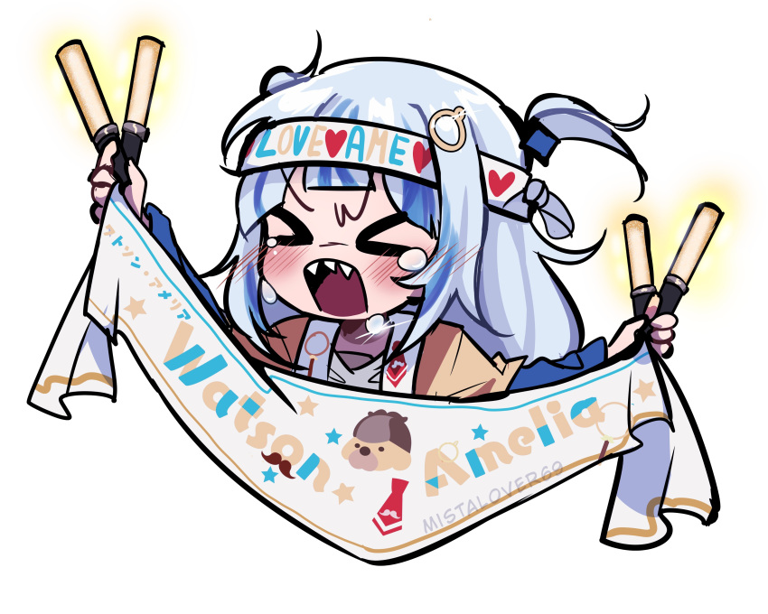 >_<, 1girl, absurdres, banner, blush, cheering, choripan, crying