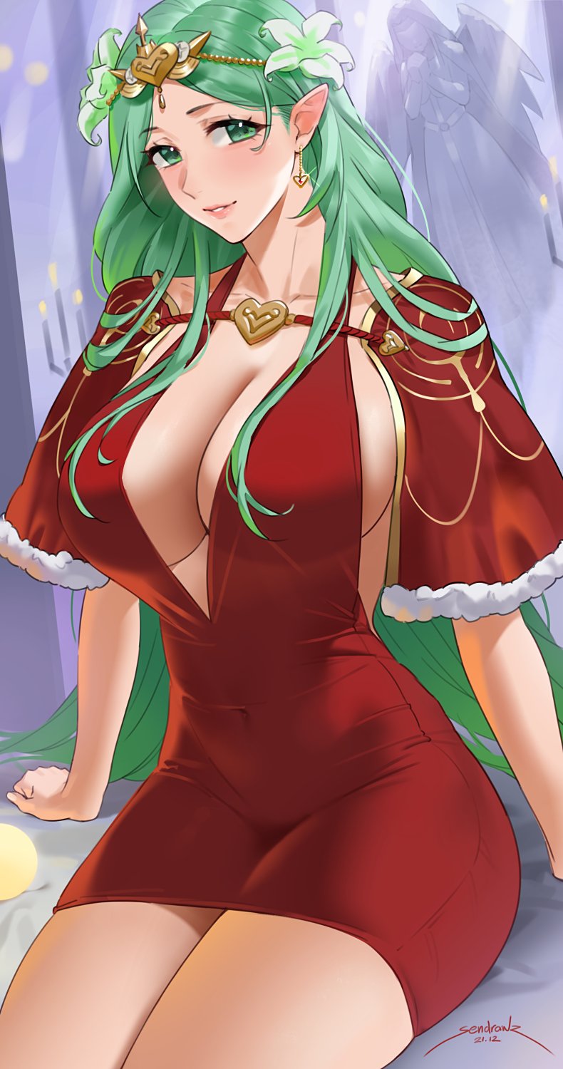 1girl, alternate_costume, angel_statue, artist_name, breasts, capelet, center_opening, collarbone, commentary, covered_navel, dated, dress, earrings, english_commentary, eyebrows_visible_through_hair, fire_emblem, fire_emblem:_three_houses, flower, fur-trimmed_capelet, fur_trim, green_hair, hair_flower, hair_ornament, heart, highres, jewelry, large_breasts, long_hair, looking_at_viewer, no_bra, parted_lips, pointy_ears, red_capelet, red_dress, rhea_(fire_emblem), sendrawz, signature, sitting, sleeveless, sleeveless_dress, smile, solo, statue