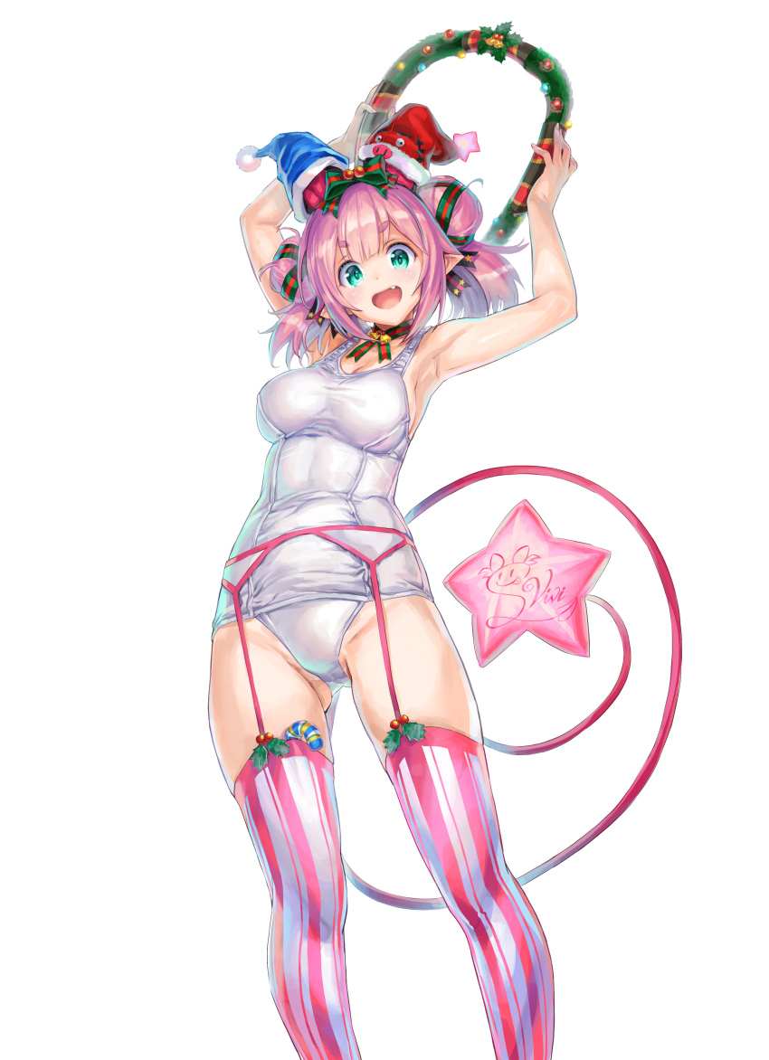 1girl, :d, absurdres, aqua_eyes, asymmetrical_legwear, bangs, bell, blue_headwear