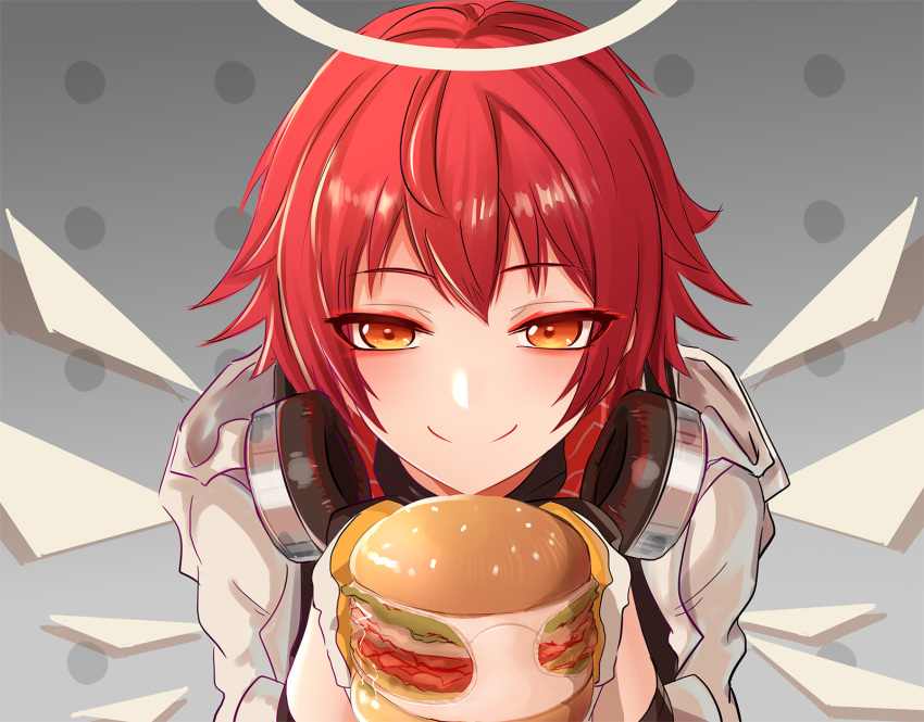 1girl, angel, arknights, burger, chinese_commentary, closed_mouth, commentary_request, cupping_hands
