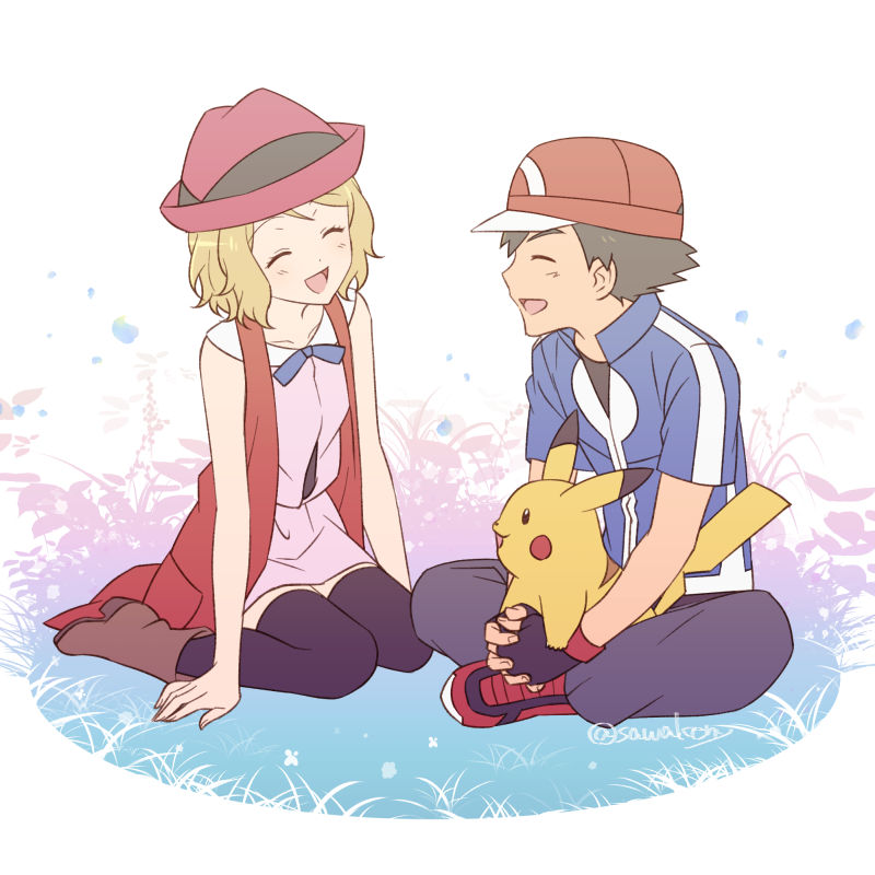 1boy, 1girl, :d, arm_support, ash_ketchum, baseball_cap, blue_jacket, blue_ribbon