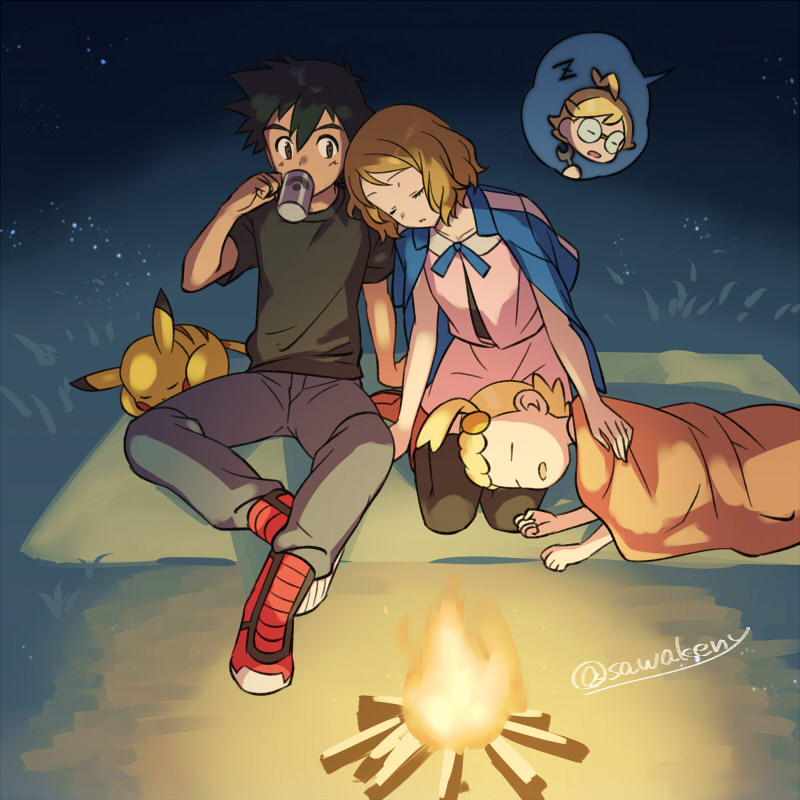 2boys, 2girls, ash_ketchum, bangs, blanket, blue_ribbon, bonnie_(pokemon), campfire