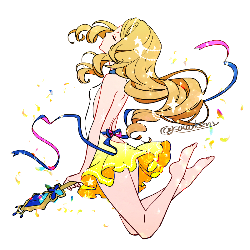 1girl, alternate_costume, bare_arms, barefoot, blonde_hair, closed_eyes, closed_mouth, commentary_request