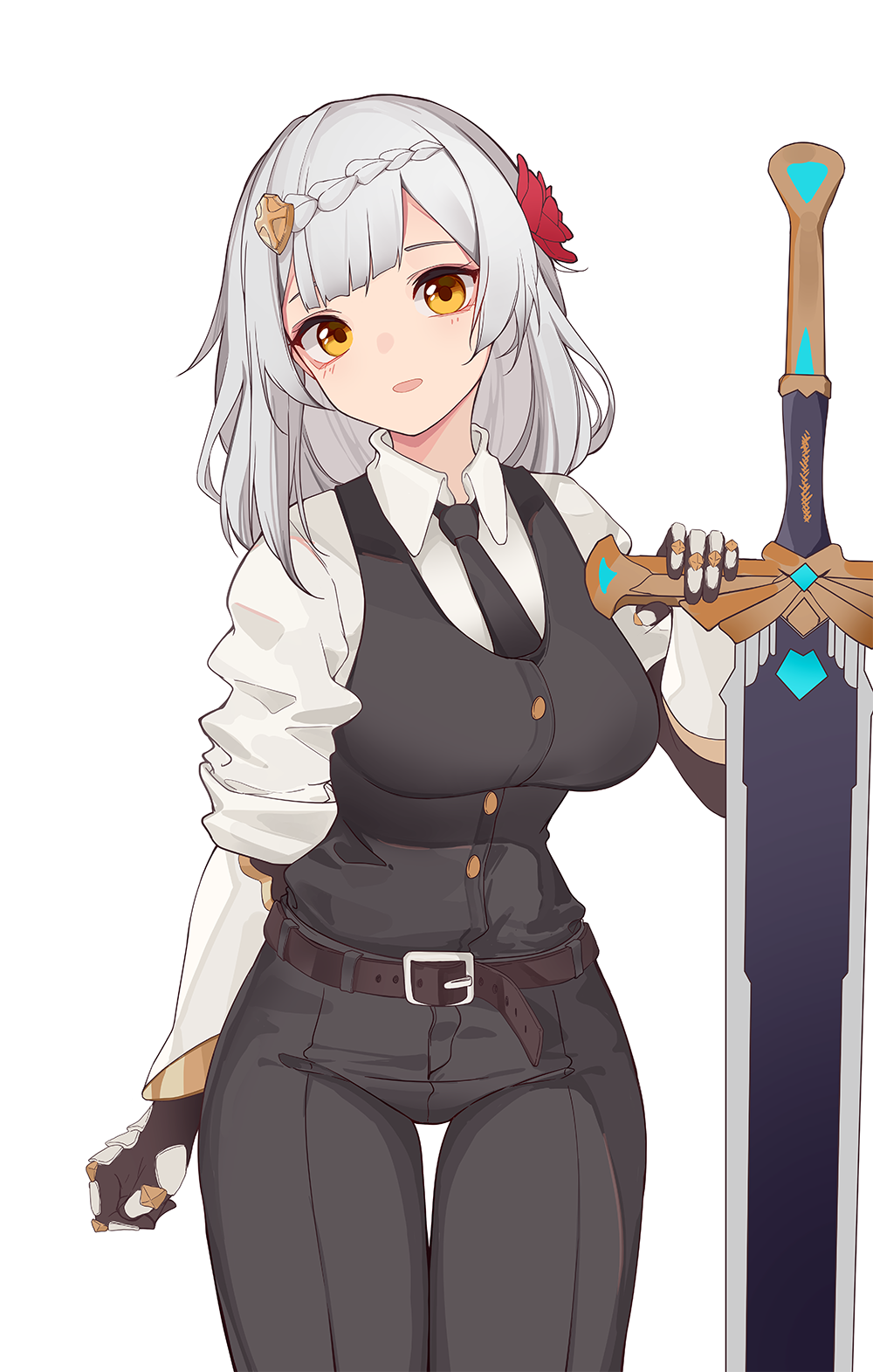 1girl, bangs, belt, belt_buckle, black_necktie, black_pants, black_vest, blush
