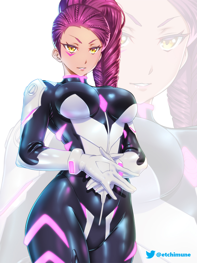 1girl, artist_name, bodysuit, braid, braided_ponytail, breasts, commentary, cosplay