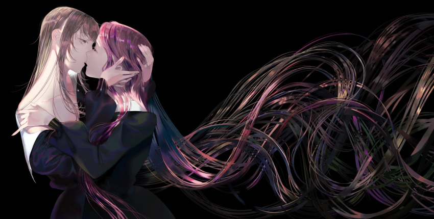 2girls, black_background, black_dress, brown_hair, couple, dress, floating_hair, hara_yuriko