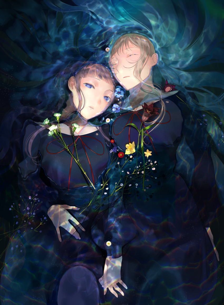2girls, black_background, black_dress, blue_eyes, blue_flower, brown_hair, burial_at_sea, caustics, closed_eyes, couple, dress, feet_out_of_frame, flower, half-closed_eyes, hand_on_own_stomach, hara_yuriko, highres, holding_hands, interlocked_fingers, knee_up, lily_(flower), long_hair, long_sleeves, looking_at_viewer, lying, mayu_matou, multiple_girls, neck_ribbon, official_art, on_back, parted_lips, partially_submerged, puffy_long_sleeves, puffy_sleeves, purple_hair, red_flower, red_ribbon, ribbon, school_uniform, side-by-side, very_long_hair, water, wavy_hair, white_flower, yellow_flower