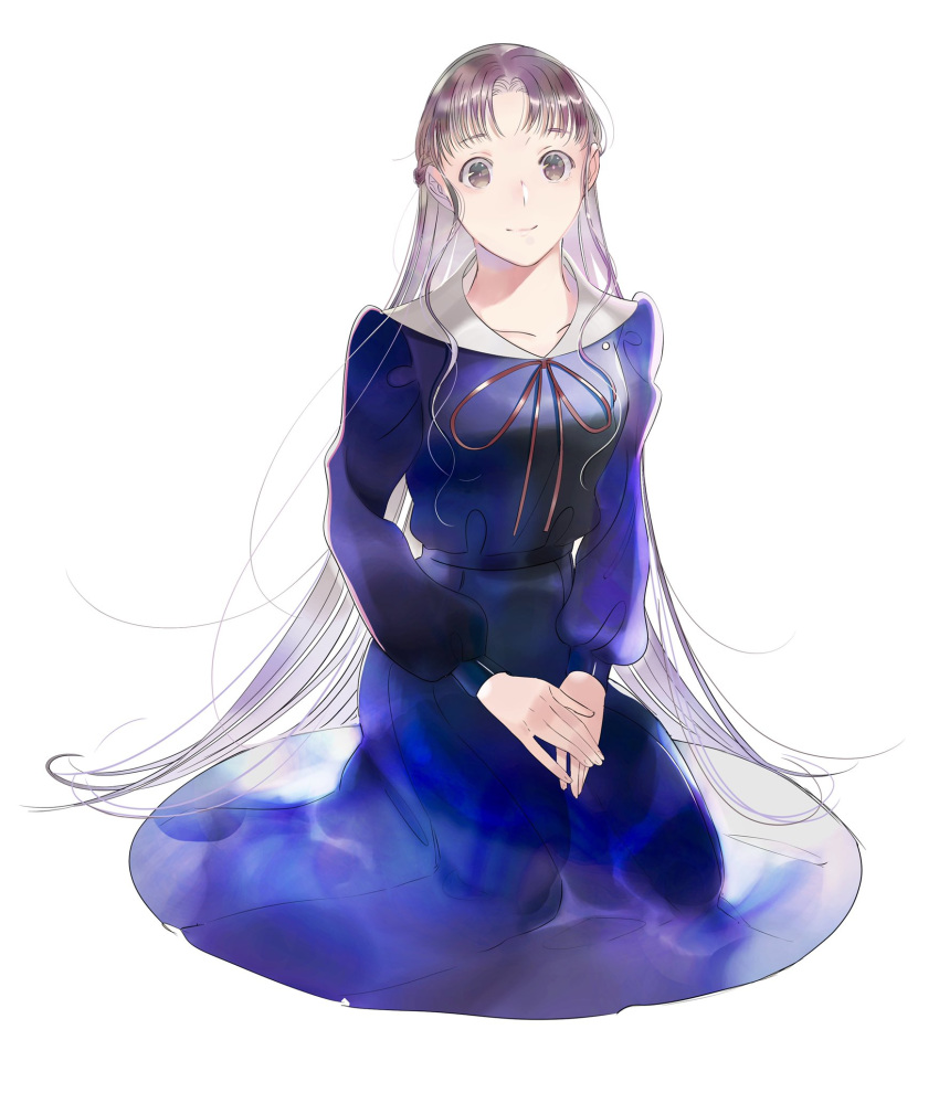 1girl, bangs, blue_dress, brown_eyes, dress, flipped_hair, full_body, half_updo