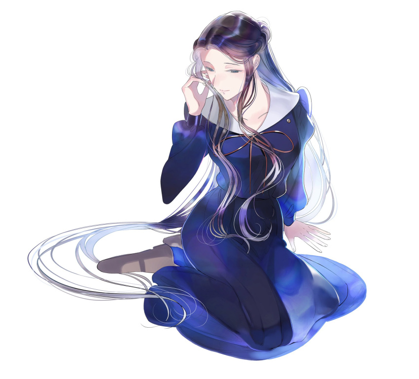 1girl, arm_support, bangs, black_footwear, blue_dress, dress, full_body, half_updo