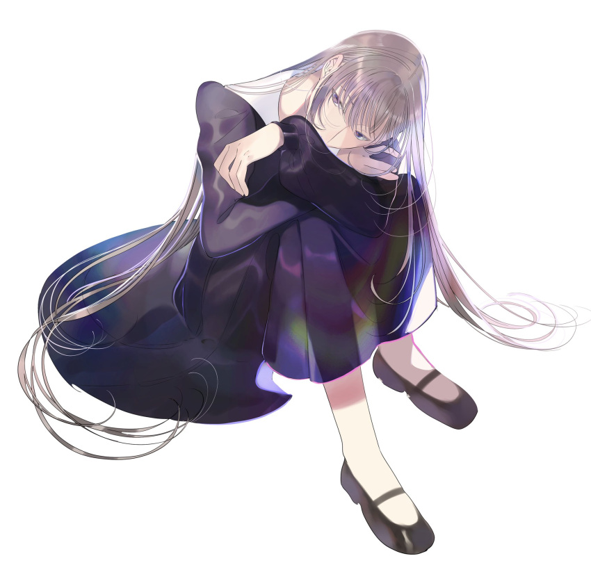 1girl, bangs, black_dress, black_footwear, brown_hair, covered_mouth, crossed_arms, dress