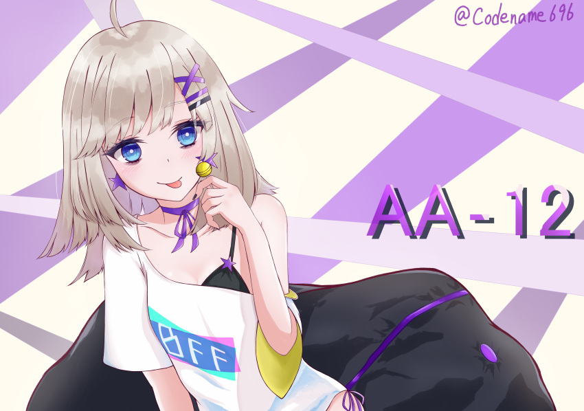 1girl, aa-12_(girls'_frontline), absurdres, artist_name, bangs, black_bra, blue_eyes, bra, bra_strap, breasts, candy, character_name, closed_mouth, codename696, collarbone, earrings, eyebrows_visible_through_hair, food, girls_frontline, hair_ornament, hairclip, highres, holding, holding_candy, holding_food, holding_lollipop, jewelry, lollipop, long_hair, looking_at_viewer, neck_ribbon, off_shoulder, platinum_blonde_hair, purple_ribbon, ribbon, shirt, simple_background, sitting, smile, solo, star_(symbol), star_earrings, tongue, tongue_out, underwear, upper_body, white_shirt