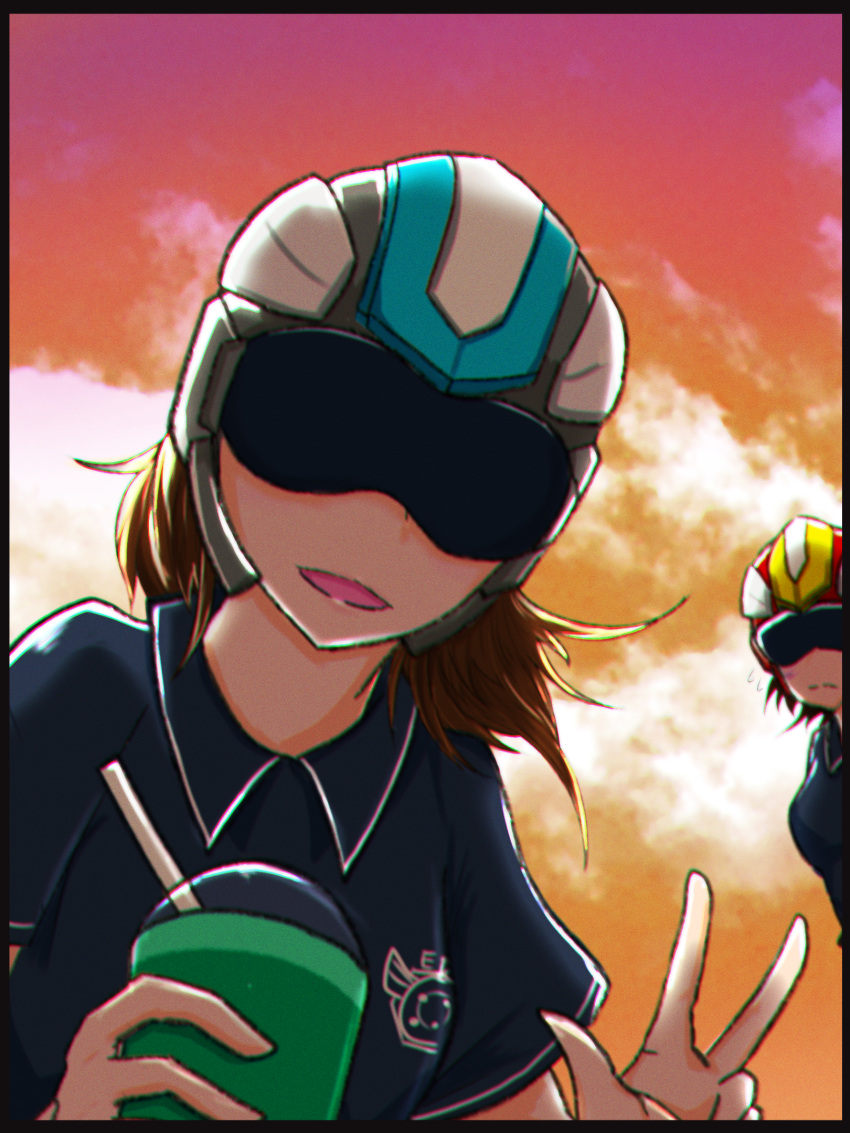 2girls, black_border, border, brown_hair, cup, drinking_glass, earth_defence_force_5, earth_defense_force, goggles, helmet, highres, holding, medium_hair, multiple_girls, outdoors, polo_shirt, sirobasira, w, wing_diver