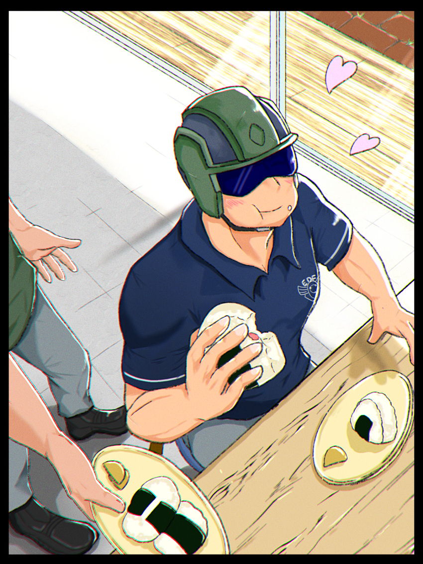 2boys, :t, black_border, border, earth_defence_force_5, earth_defense_force, eating, food