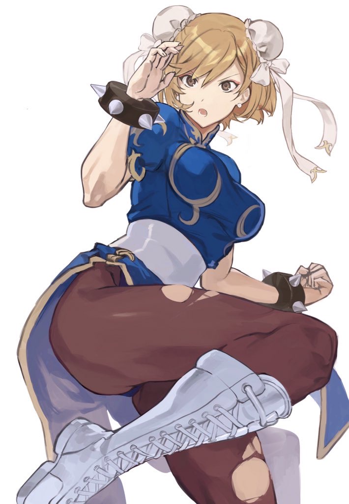 1girl, blonde_hair, boots, bracelet, breasts, bun_cover, china_dress, chinese_clothes