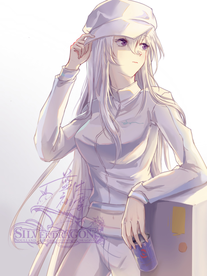 1girl, ahoge, can, casual, douluo_dalu, gu_yuena, hat, highres, jiu_mo_yun_chu_ji, leaning_on_object, long_hair, navel, pants, silver_hair, sportswear, sweatpants, violet_eyes