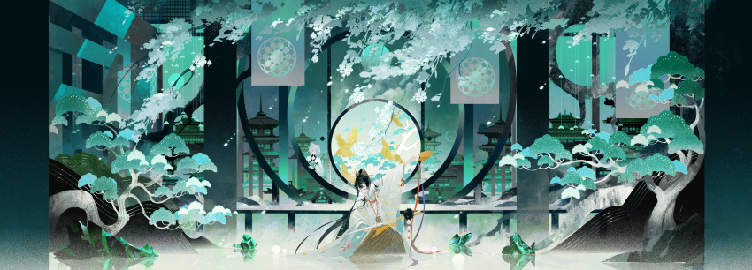 absurdres, animal_ears, architecture, arm_up, bead_curtain, bird, black_hair, bonsai, branch, character_request, crane_(animal), crescent_moon, crystal, dancing, earrings, east_asian_architecture, fan_print, flower, folding_fan, fox_ears, full_moon, gesshi_(x2mciyellrzrhg1), hair_over_one_eye, hakama, hand_fan, highres, holding, holding_fan, indoors, japanese_clothes, jewelry, long_hair, long_sleeves, moon, moon_gate, night, one_eye_covered, onmyoji, outstretched_arms, pagoda, peeking, petals, pillarboxed, pom_pom_(clothes), pom_pom_earrings, ponytail, portrait_(object), reflective_floor, ribbon_trim, short_hair, solo_focus, squatting, tree, very_long_hair, white_flower, wide_sleeves