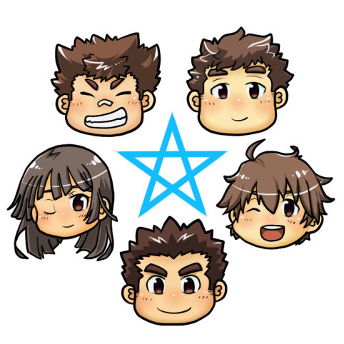 1girl, 4boys, bandaid, bandaid_on_nose, blush, brown_hair, chibi, hair_ears, kemonosuke_(kmskths), long_hair, lowres, master_1_(housamo), master_2_(housamo), master_3_(housamo), master_4_(housamo), master_5_(housamo), multiple_boys, one_eye_closed, plump, short_hair, sideburns, smile, thick_eyebrows, tokyo_afterschool_summoners