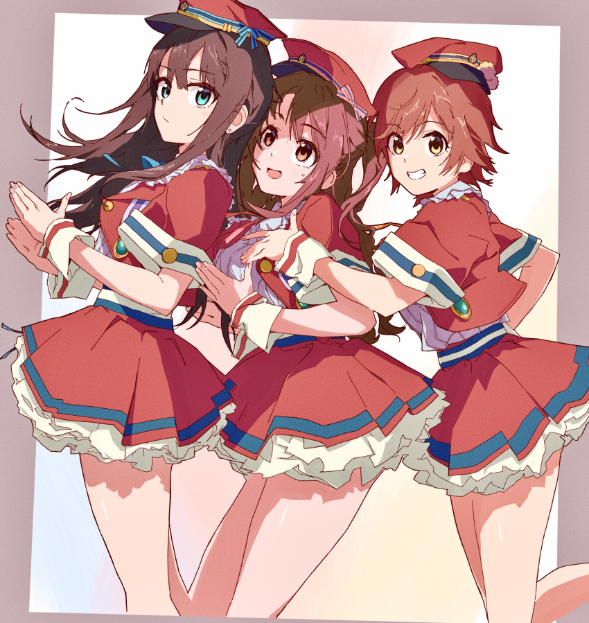 3girls, :o, absurdres, bare_legs, black_hair, bloom_into_me15, brown_hair, dekitate_evo!_revo!_generation!_(idolmaster), expressionless, feet_out_of_frame, frilled_skirt, frills, gakiami, grin, highres, honda_mio, idol, idolmaster, idolmaster_cinderella_girls, looking_at_another, looking_at_viewer, multiple_girls, new_generations_(idolmaster), one_side_up, red_headwear, shibuya_rin, shimamura_uzuki, short_sleeves, simple_background, skirt, smile, straight_hair, wrist_cuffs