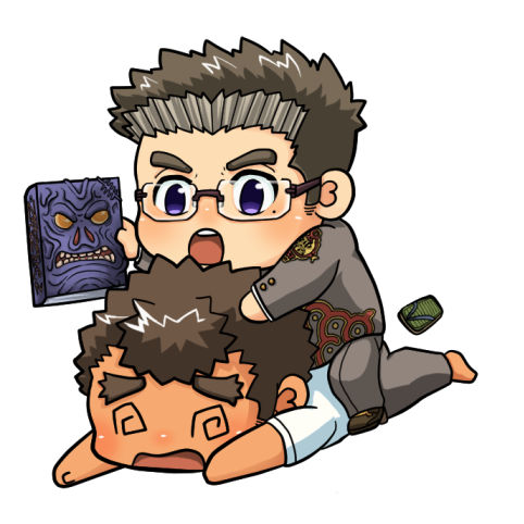 2boys, @_@, blush, book, chibi, dark-skinned_male, dark_skin, full_body
