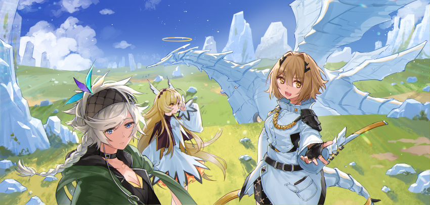1girl, 3girls, absurdres, alchemy_stars, angel_(alchemy_stars), belt, belt_buckle, black_gloves, blonde_hair, blue_eyes, bow_(weapon), braid, braided_ponytail, buckle, choker, clouds, coat, day, dove_(alchemy_stars), dress, fingerless_gloves, frown, gloves, grey_hair, hair_intakes, hair_ornament, hair_tucking, halo, headband, highres, long_hair, long_sleeves, looking_at_viewer, low-tied_long_hair, mountain, multiple_girls, open_mouth, outdoors, outstretched_arms, reaching_out, rock, short_hair, smile, soroz_(alchemy_stars), tail, teeth, vice_(alchemy_stars), weapon, white_coat, white_dress, yellow_eyes, yuu_(youh4016)