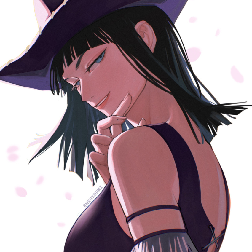 1girl, bangs, bare_shoulders, black_hair, blue_eyes, blunt_bangs, breasts, hat, head_tilt, highres, large_breasts, long_hair, looking_at_viewer, looking_back, mygiorni, nico_robin, one_piece, sidelocks, simple_background, smile, solo, white_background