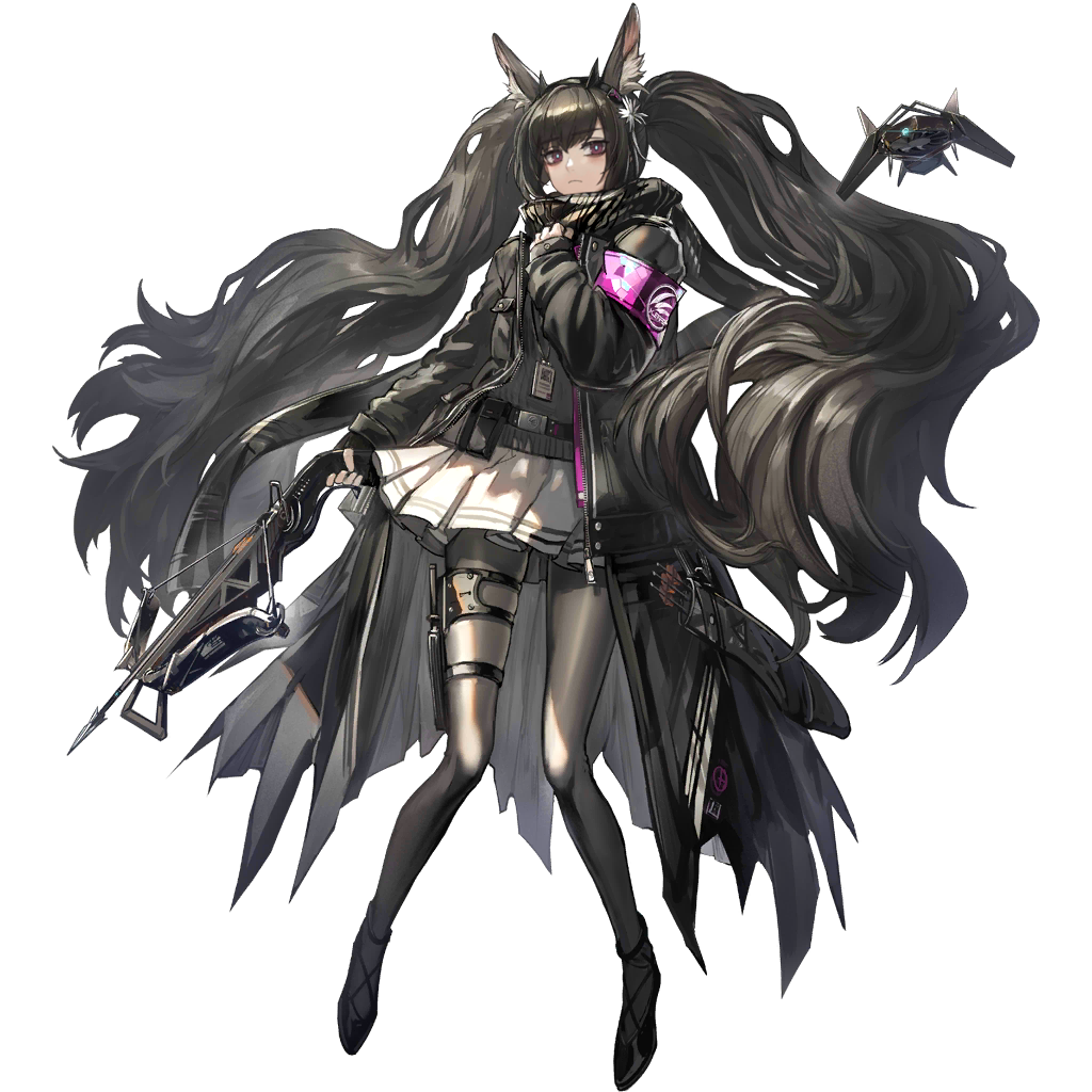 1girl, animal_ear_fluff, animal_ears, arknights, armband, bangs, black_coat, black_footwear, black_hair, coat, crossbow, drone, eyebrows_visible_through_hair, full_body, grey_legwear, grey_sweater, hand_up, holding, holding_crossbow, holding_weapon, kjerag_logo, long_hair, long_sleeves, looking_at_viewer, miniskirt, moschi_(arknights), official_art, open_clothes, open_coat, pantyhose, pleated_skirt, ryuuzaki_ichi, shoes, skirt, solo, sweater, thigh_strap, transparent_background, twintails, very_long_hair, violet_eyes, weapon, white_skirt