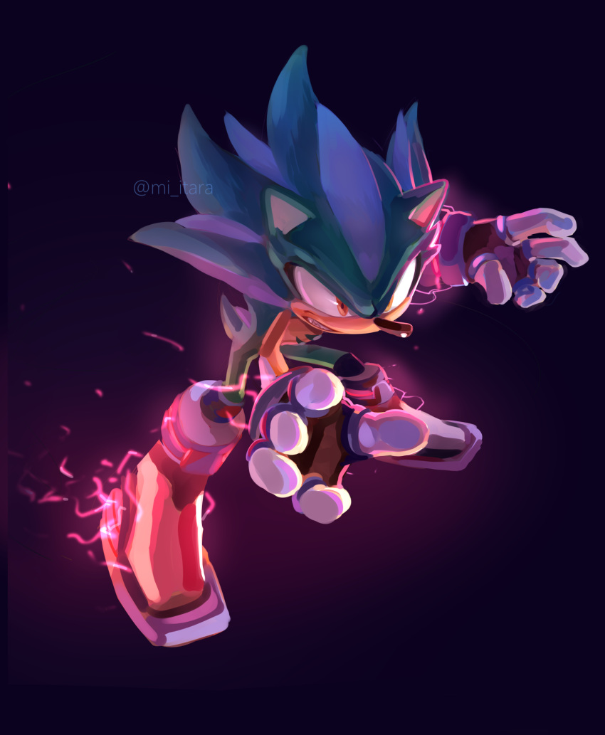 1boy, aggresive_the_hedgehog, animal_ears, arms_up, artist_name, blue_background, blue_fur, blue_hair
