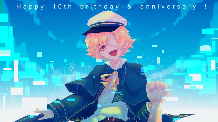 1boy, backlighting, bandage_on_face, bandage_over_one_eye, bandages, blue_capelet, blue_jacket, blue_sky