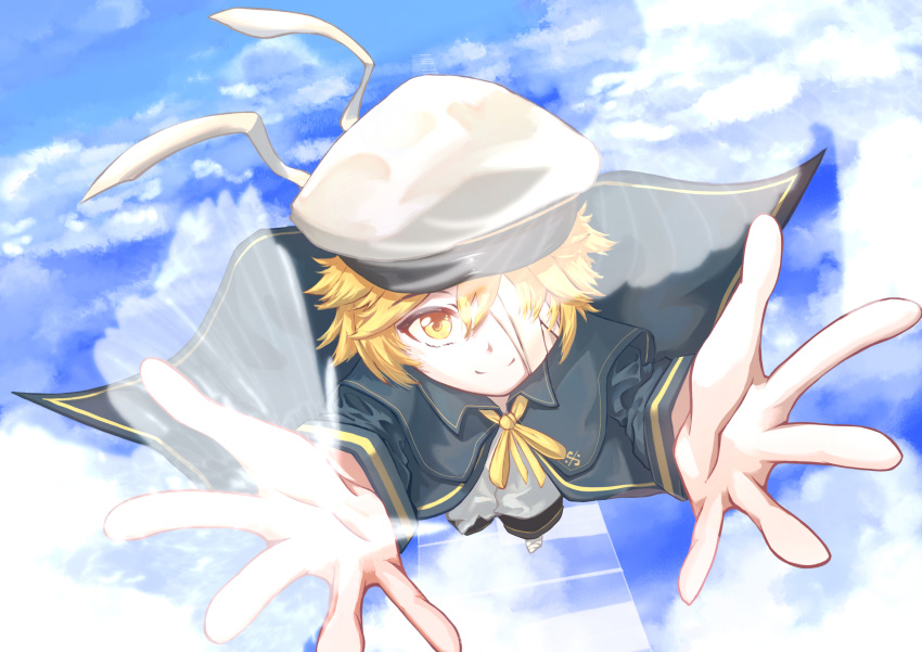 1boy, absurdres, bandage_on_face, bandage_over_one_eye, bandaged_foot, bandages, blonde_hair, blue_capelet