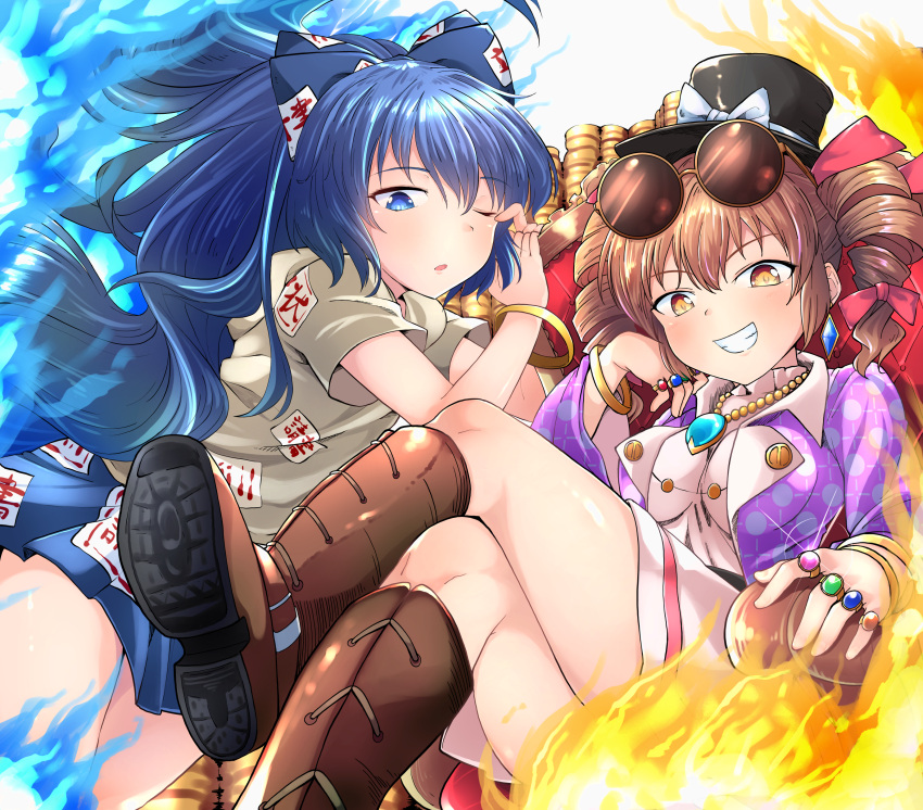 2girls, absurdres, bangle, blue_eyes, blue_fire, blue_hair, blue_skirt, boots