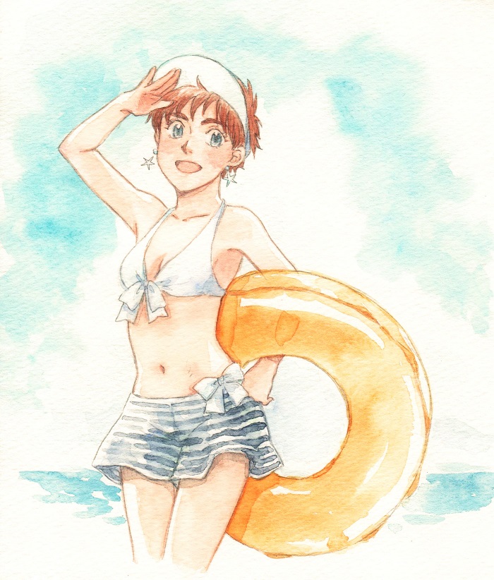 1girl, armpits, beach, bikini, blush, breasts, collarbone, earrings, front-tie_bikini, front-tie_top, green_eyes, halterneck, hand_up, horizon, innertube, izumi_noa, jewelry, kidou_keisatsu_patlabor, looking_to_the_side, medium_breasts, midriff, navel, ocean, open_mouth, orange_hair, painting_(medium), salute, short_hair, shorts, smile, solo, star_(symbol), star_earrings, swimsuit, traditional_media, ususionorisio, visor_cap, water, watercolor_(medium)