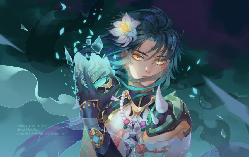absurdres, armor, basakila, black_gloves, close-up, closed_mouth, diamond-shaped_pupils, diamond_(shape), facial_mark, flower, forehead_mark, genshin_impact, gloves, green_hair, hair_flower, hair_ornament, highres, jewelry, multicolored_hair, necklace, short_hair, short_hair_with_long_locks, shoulder_armor, shoulder_pads, shoulder_spikes, slit_pupils, solo, spikes, symbol-shaped_pupils, toned, toned_male, two-tone_hair, xiao_(genshin_impact), yellow_eyes